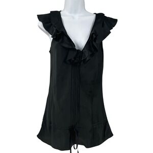 Studio Top Women M Black 100% Silk Ruffle V-Neck Regencyore Classic Coquette